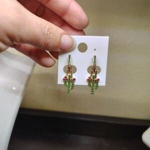 Cactus Design Earrings with Green and Pink Accents